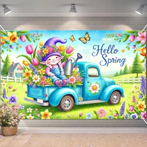 Vibrant Hello Spring photography backdrop featuring gnome on flower truck for party