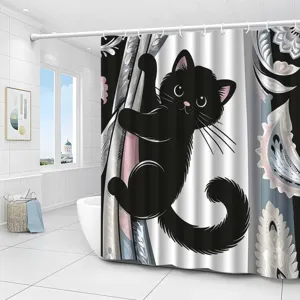 Cute black cat themed waterproof shower curtain for modern bathroom decor