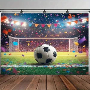 Soccer stadium photography backdrop featuring football field and vibrant party confetti