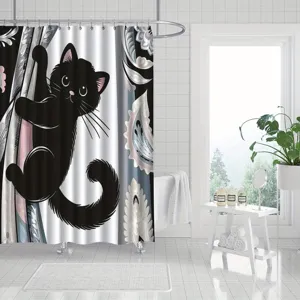 Playful black cat theme waterproof shower curtain with elegant floral patterns