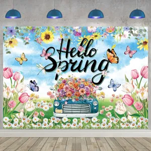 Hello Spring photography backdrop with vintage floral truck and colorful butterflies