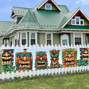Striscione Decorativo per Feste con Maschera Tiki Hawaiana Sfondo Totem Tiki Tropicale per Decorazione Parete Recinzione Giardino Esterno in Tessuto Pongee