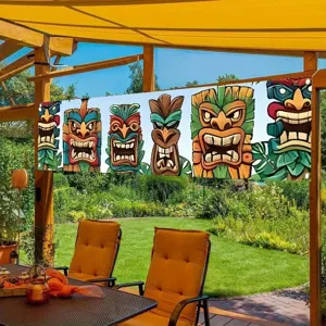 Striscione decorativo vibrante con maschere Tiki hawaiane per feste in giardino