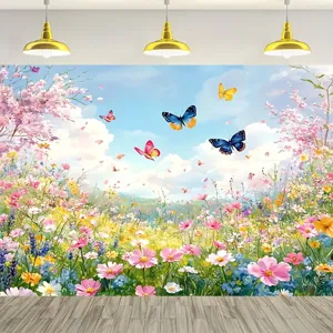 Professioneller Fotohintergrund mit Blumenwiese, Schmetterlingen und klarem blauem Himmel