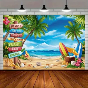 Lebendiger tropischer Strandparty-Fotohintergrund mit Palmen und Surfbrettern