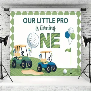 Golf-Thema Fotohintergrund für den 1. Geburtstag mit Cartoon-Golfwagen und Bällen
