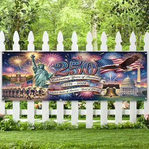 Large US 250th anniversary commemorative outdoor banner featuring patriotic icons and fireworks