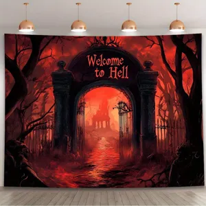 Gothic red and black 'Welcome to Hell' gate backdrop for horror themed party decor