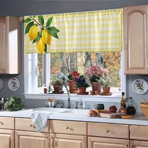 Mantovana per finestra da cucina in stile pastorale con motivo a quadri gialli e stampa limone