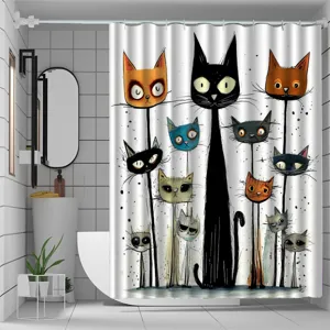 Artistic Cartoon Cat Shower Curtain Polyester Waterproof Fabric Bathroom Partition Curtain Abstract Animal Print Decor With Hooks For Bathroom