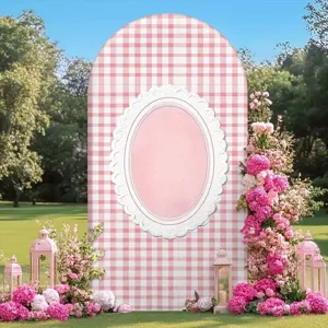 Toile de fond en arche à carreaux rose et blanc pour fêtes d'anniversaire et mariages