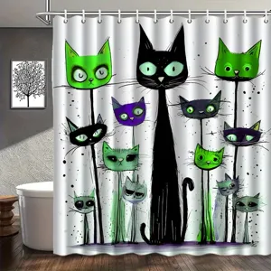 Artistic colorful cartoon cat shower curtain with whimsical black and green cat designs