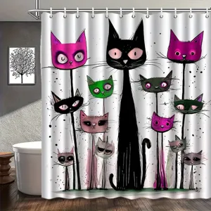 Artistic cartoon cat shower curtain with colorful illustrations for bathroom decor