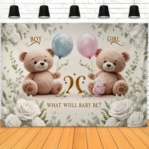 Gender Reveal Fotohintergrund mit süßen Teddybären, Luftballons und Rosen Dekoration.