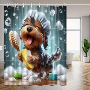 Cortina de ducha de baño impermeable con diseño de perrito de dibujos animados divertido