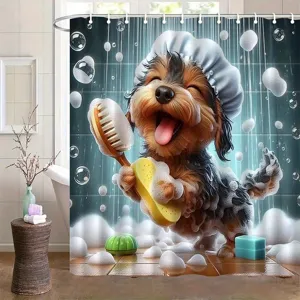 Divertida cortina de ducha con perrito de dibujos animados bañándose para baño