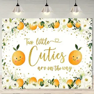 Fond de Photographie de Baby Shower Jumeaux Orange Aquarelle en Polyester pour Décoration de Fête Two Little Cuties