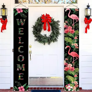 Tropical Flamingo Welcome Porch Banner Set Waterproof Polyester Hanging Door Sign For Outdoor Garden Yard Party Home Decor