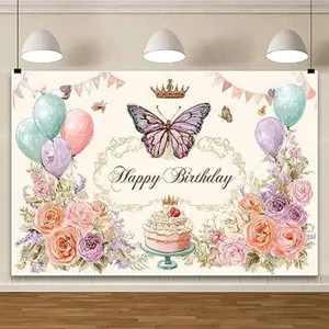 Retro Aquarell Blumen Schmetterling Geburtstag Fotografie Hintergrund Dekoration
