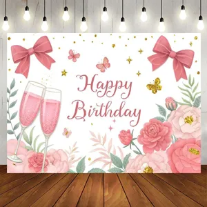 Pink watercolor floral birthday backdrop with butterflies bows and Happy Birthday text