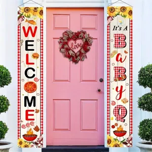 BBQ themed baby shower porch banners with red and white checkered pattern decorations