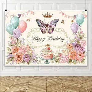 Retro-Aquarell-Blumen und Schmetterling Happy Birthday Fotohintergrund für Partys
