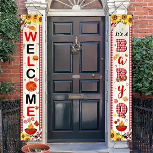 Baby-Q themed porch banners with red and white checkered borders for baby showers