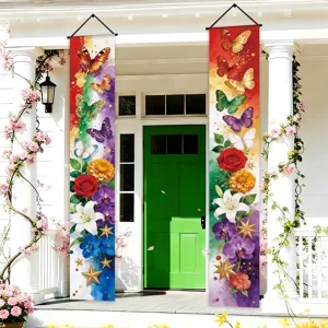 Watercolor rainbow butterfly and floral porch banner for spring garden home decor