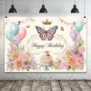 Vintage Aquarell Blumen Geburtstag Fotohintergrund mit Schmetterling und Kuchen Motiven