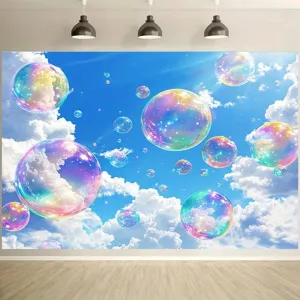 Dreamy blue sky with white clouds and rainbow bubbles photography backdrop for party decoration