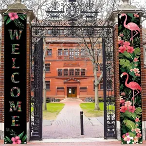 Tropical flamingo porch banners with floral Welcome sign for outdoor garden decor
