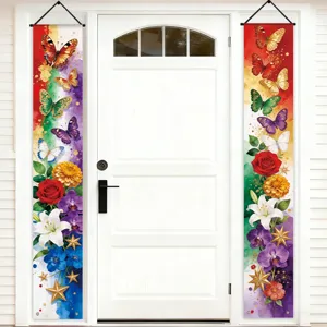Rainbow butterfly floral watercolor porch banners for spring home entrance decor