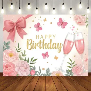 Pink watercolor floral butterfly happy birthday photography backdrop for party