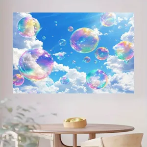 Vibrant dreamy blue sky and rainbow bubbles photography backdrop for party decor