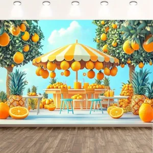 Summer orange theme photography backdrop with pineapple fruit stand print for parties.