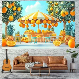 Vibrant summer orange and pineapple fruit stand photography backdrop for party decoration