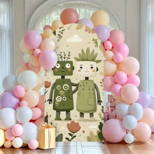 Bright cartoon forest plant robot theme arched backdrop for kids party photography