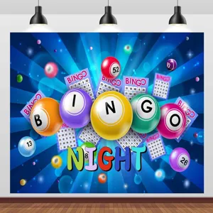 Farbenfroher Bingo-Abend-Fotohintergrund mit bunten Spielbällen und Karten-Design