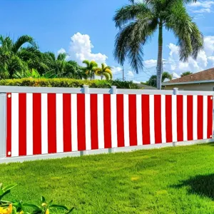 Red and white striped decorative banner for garden fence privacy and outdoor photography.