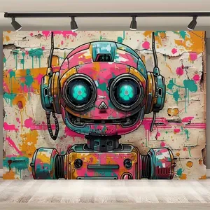 Graffiti robot theme photography backdrop with street art elements for kids party decor
