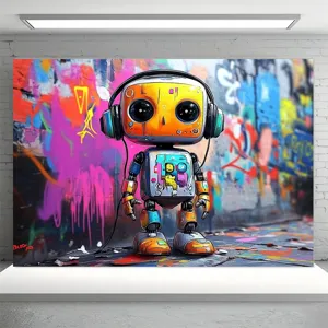 Graffiti robot theme photography backdrop with vibrant street art elements for kids parties