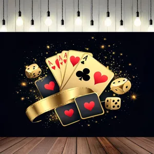 Fotohintergrund für den Pokerabend mit schwarz-goldenen Karten und Würfeln für Partys