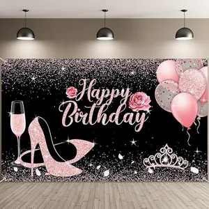 Sfondo Fotografico Happy Birthday Glitter Rosa per Ragazze Oro Rosa Tacchi Alti Corona Rose Decorazione Festa Compleanno
