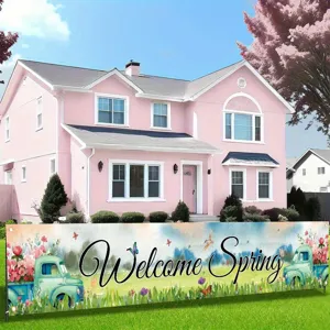 Watercolor spring truck banner with flowers and butterflies for garden decor