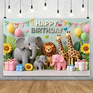 Fondale fotografico a tema animali della giungla per compleanno bambini con elefanti e leoni