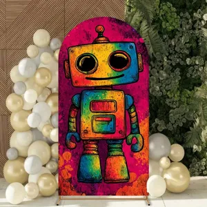 Vibrant rainbow robot arch backdrop cover for children birthday party decorations