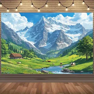Alpine landscape photography backdrop with snow mountains, cabin, and meadow scenery.