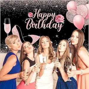 Sfondo compleanno glitter oro rosa con tacchi alti e palloncini per decorazione