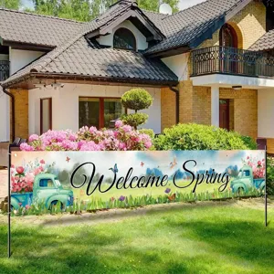Watercolor spring banner with vintage trucks and flowers for outdoor garden decor