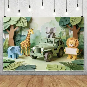 Sfondo fotografico per festa di compleanno con animali della giungla in stile carta 3D